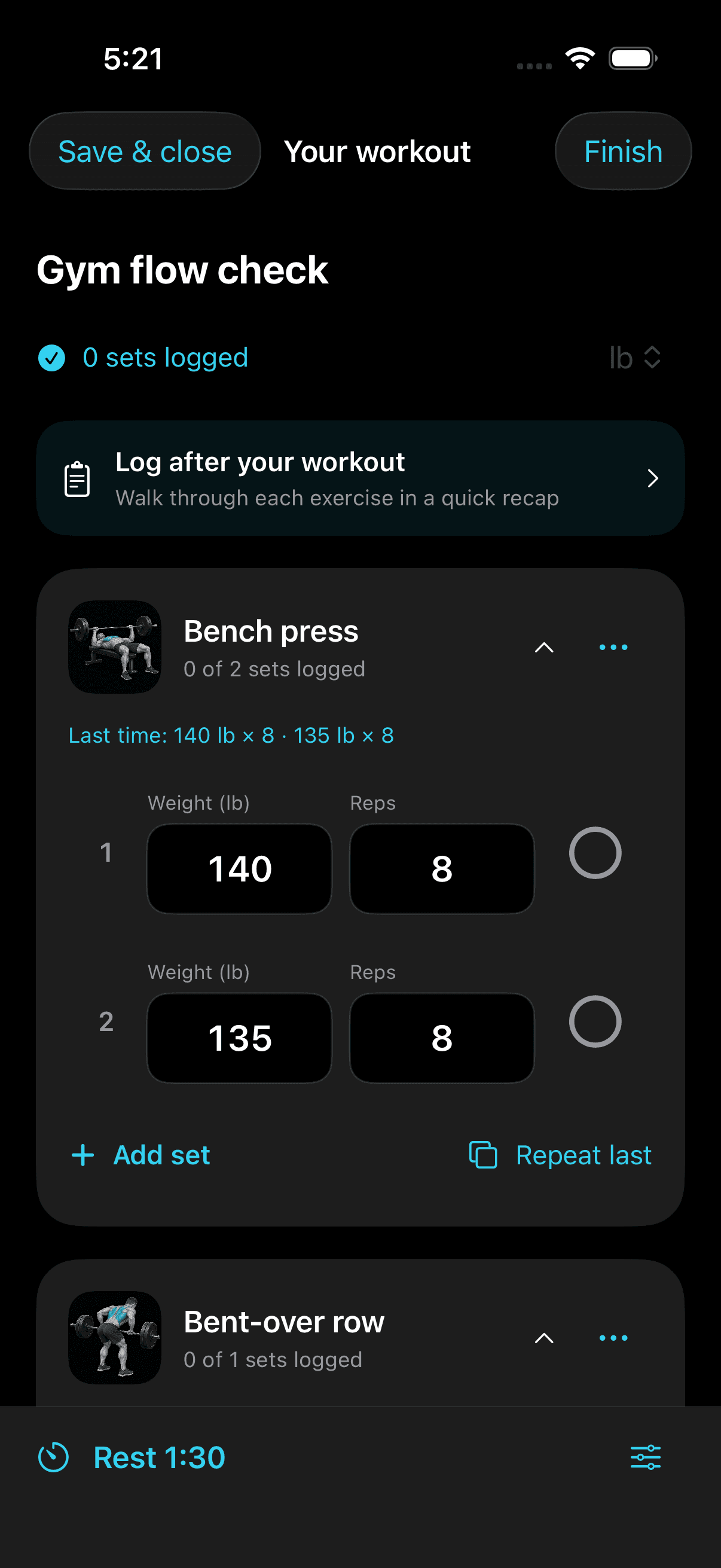 Output workout logging screen with sample bench press sets